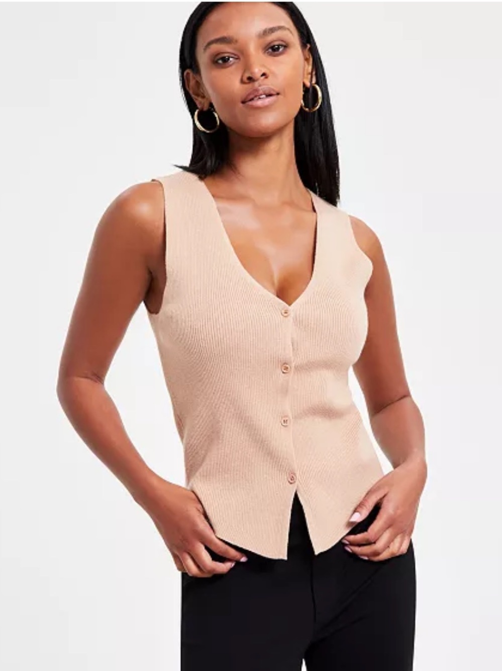 NWT. Bar III Camel Ribbed V-Neck Button-Front Tank